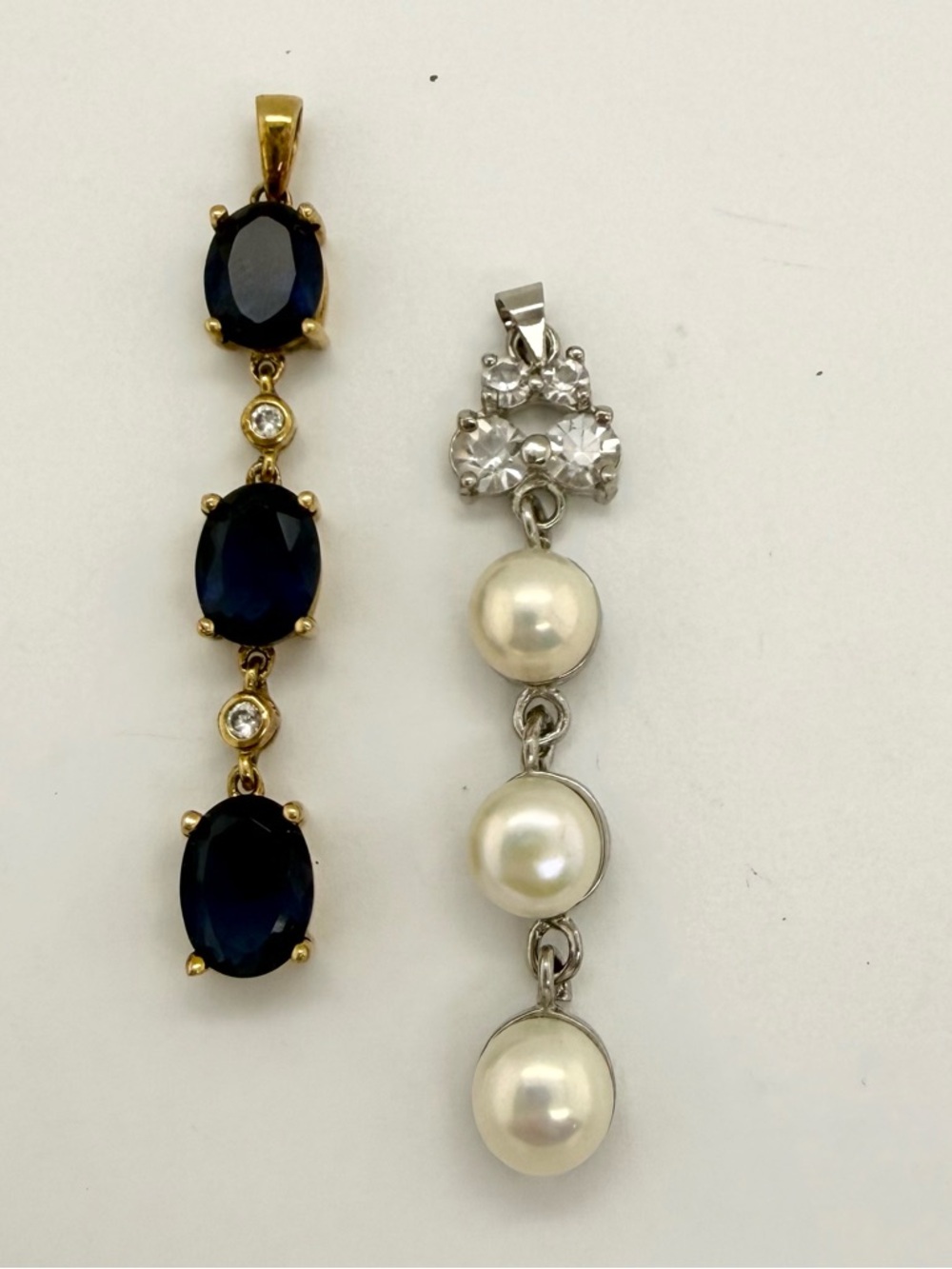 2 Sterling Silver 9.25 Drop Dangle Pendants Pearl Sapphire with Rhinestones